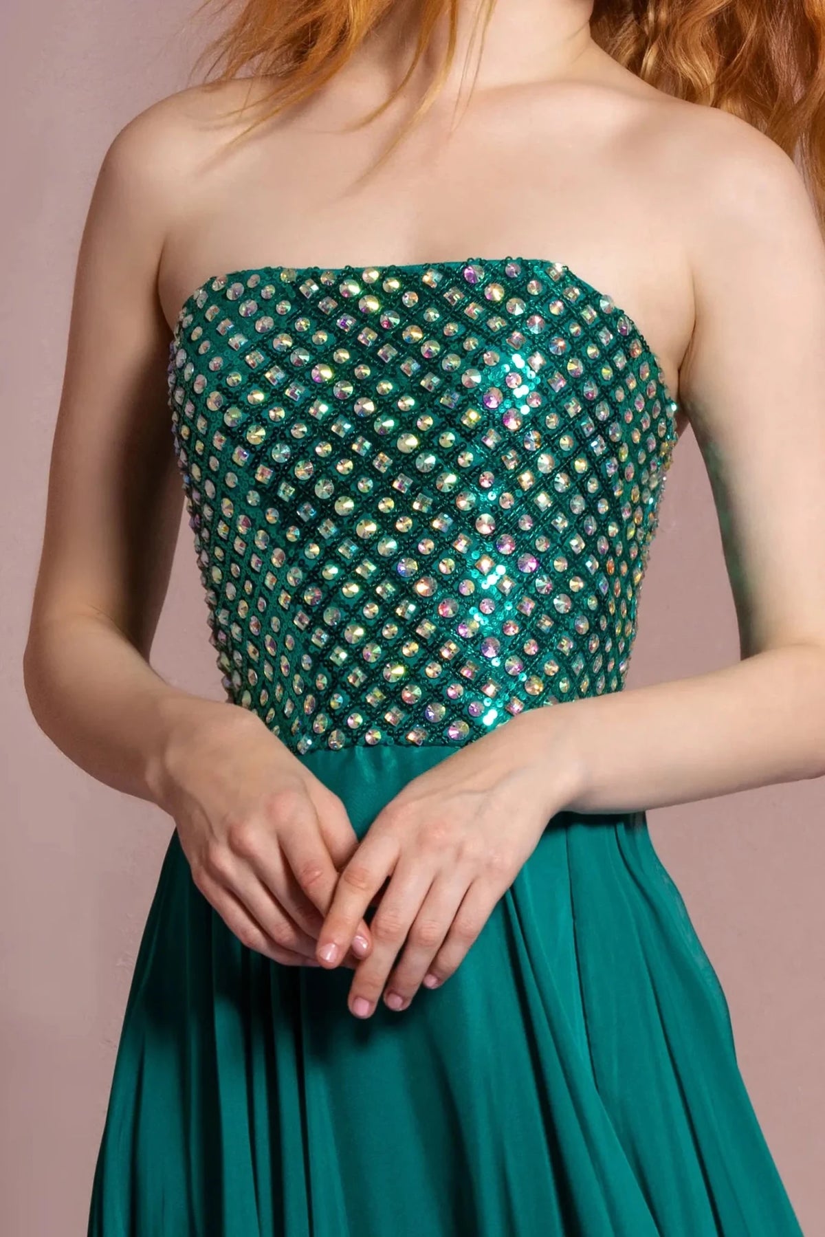Green prom evening dress full back with open back