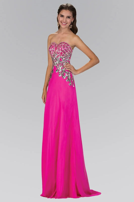 Side profile shows fuchsia beading sequins formal dress side detail.
