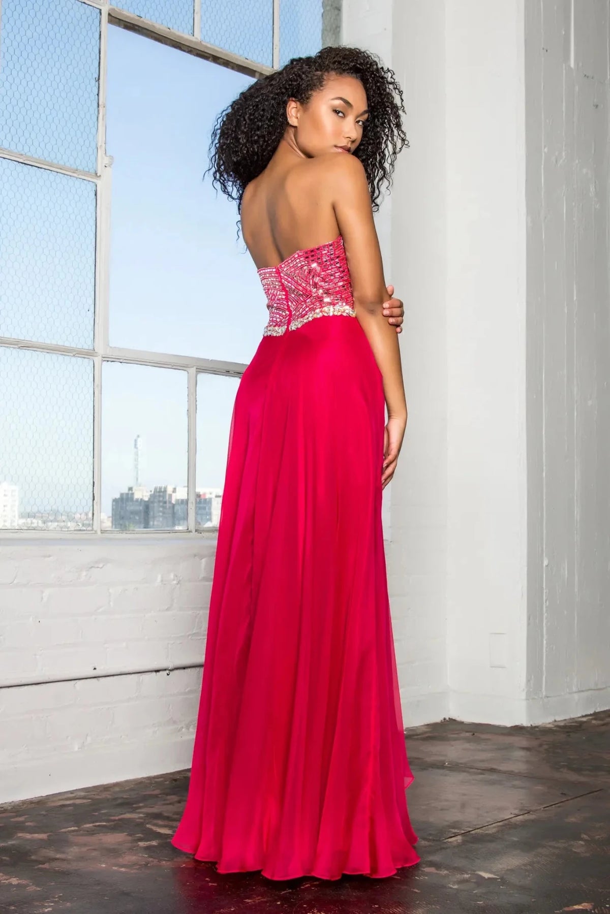 Fuchsia prom evening dress full back with open back
