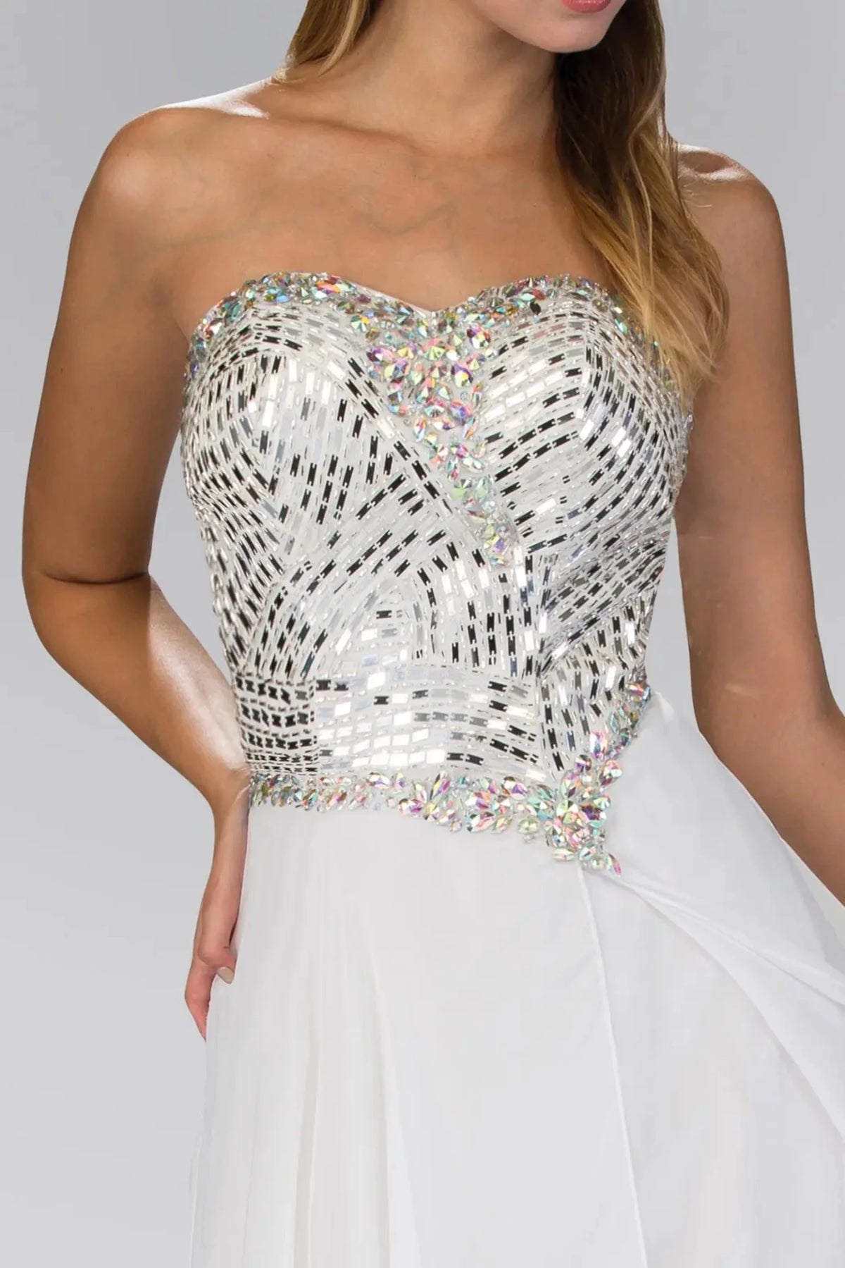 Off White sweetheart prom evening dress upper front with jewel, sequin