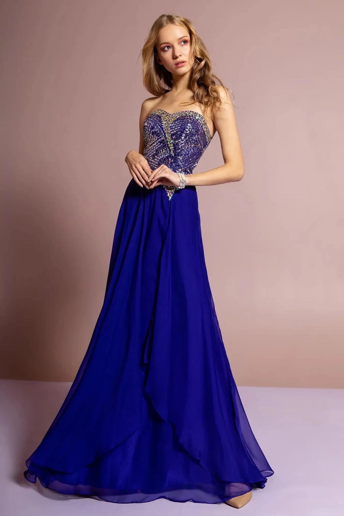 Royal Blue sequin strapless prom evening dress full front