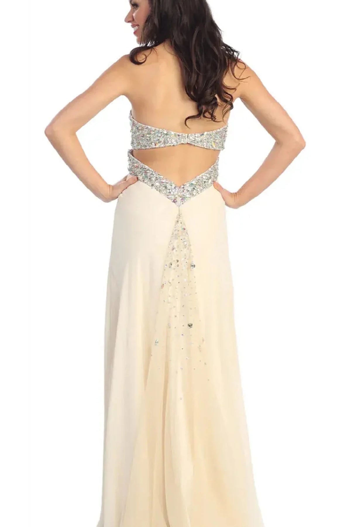 Cream sweetheart prom evening dress upper front with jewel