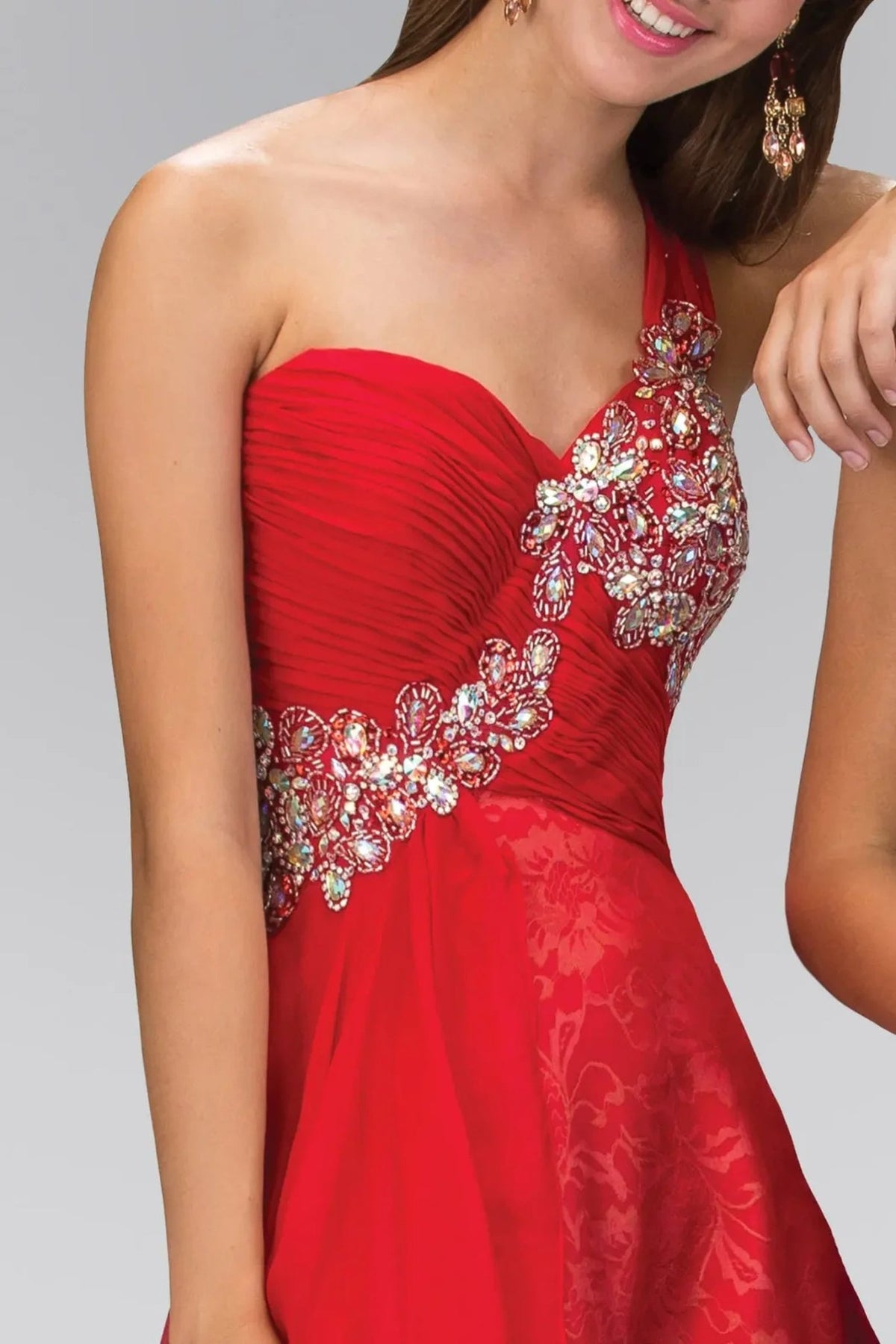 Red beading embellished 3d detail formal dress front bodice view