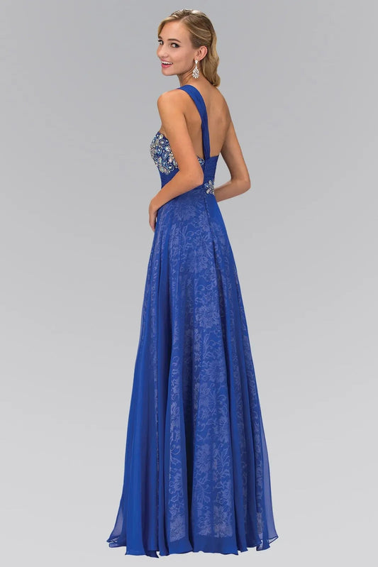 Royal Blue beading embellished 3d detail formal dress full back view