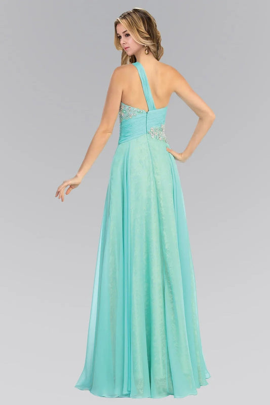 Bodice close-up highlights tiffany beading embellished 3d detail formal dress.