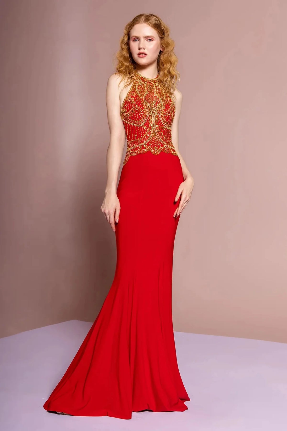 Red beaded halter prom evening dress full front