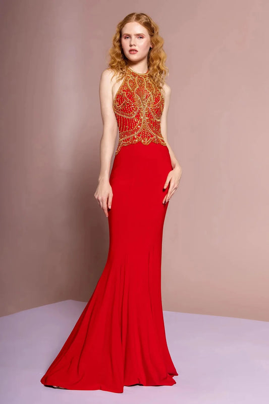 Full-length front view shows beaded halter styling on the Red prom evening dress.