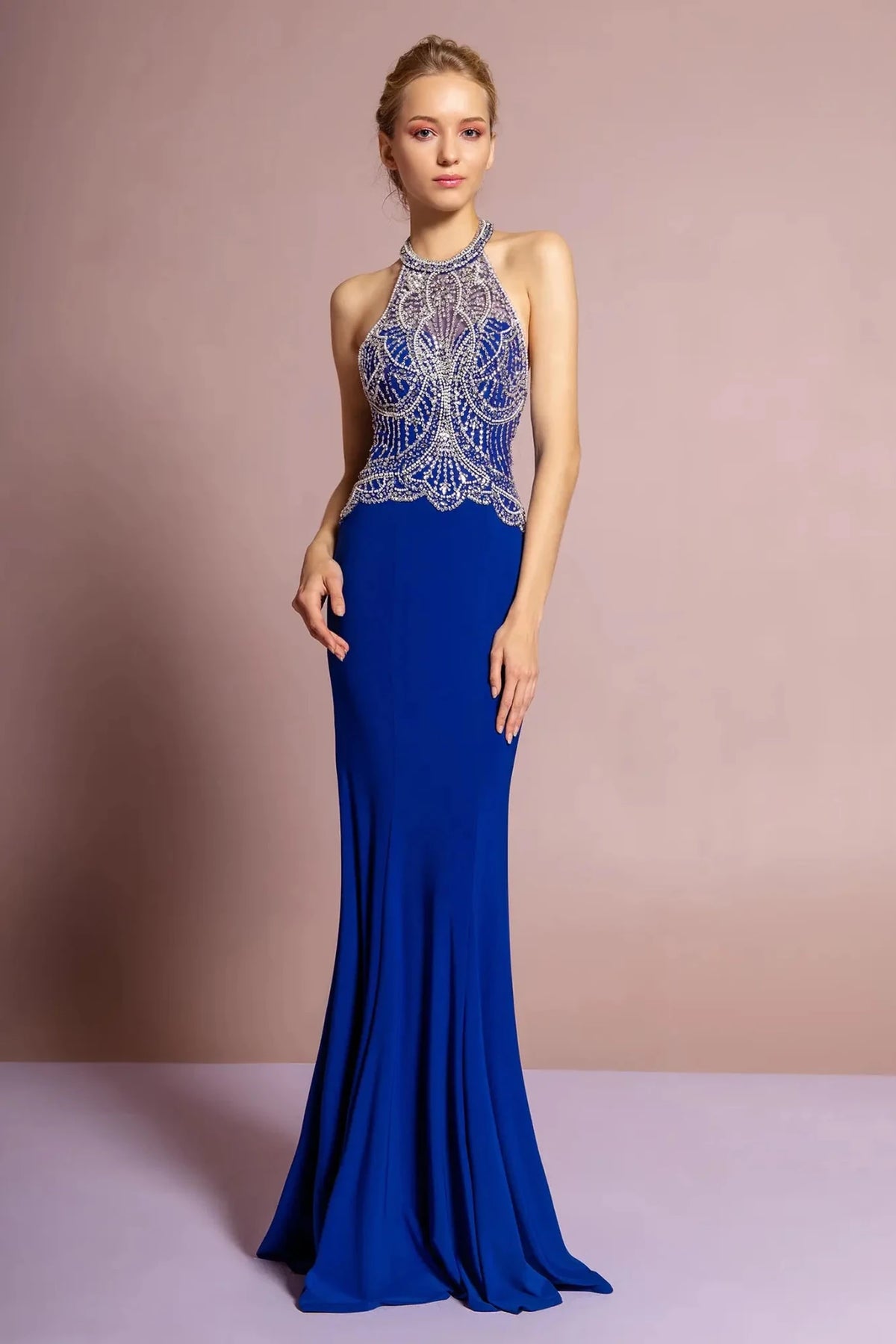 Royal Blue beaded halter prom evening dress full front