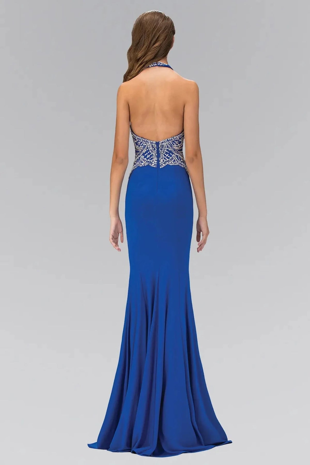 Royal Blue prom evening dress full back with open back
