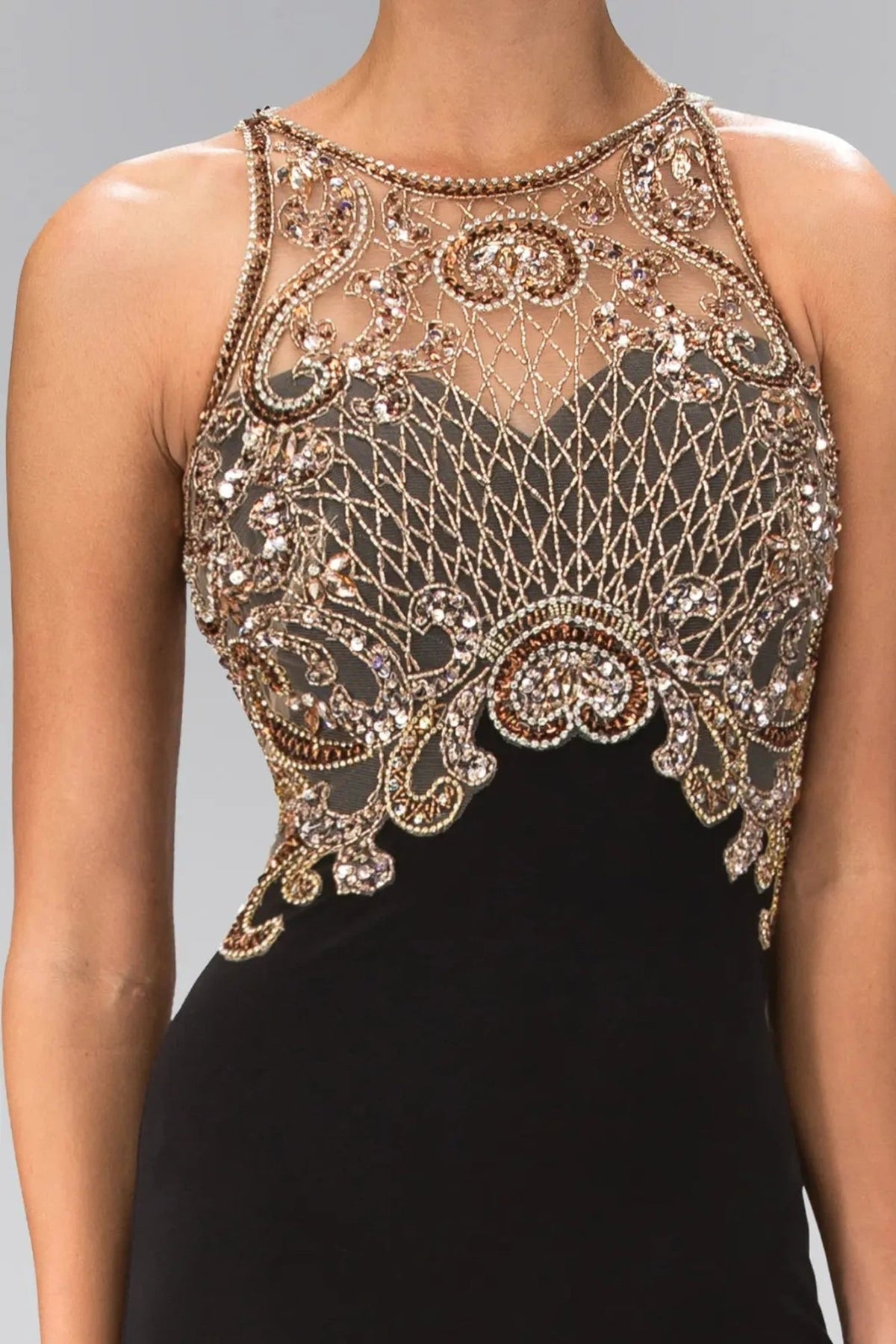 Black beading embellished embroidery formal dress full front view