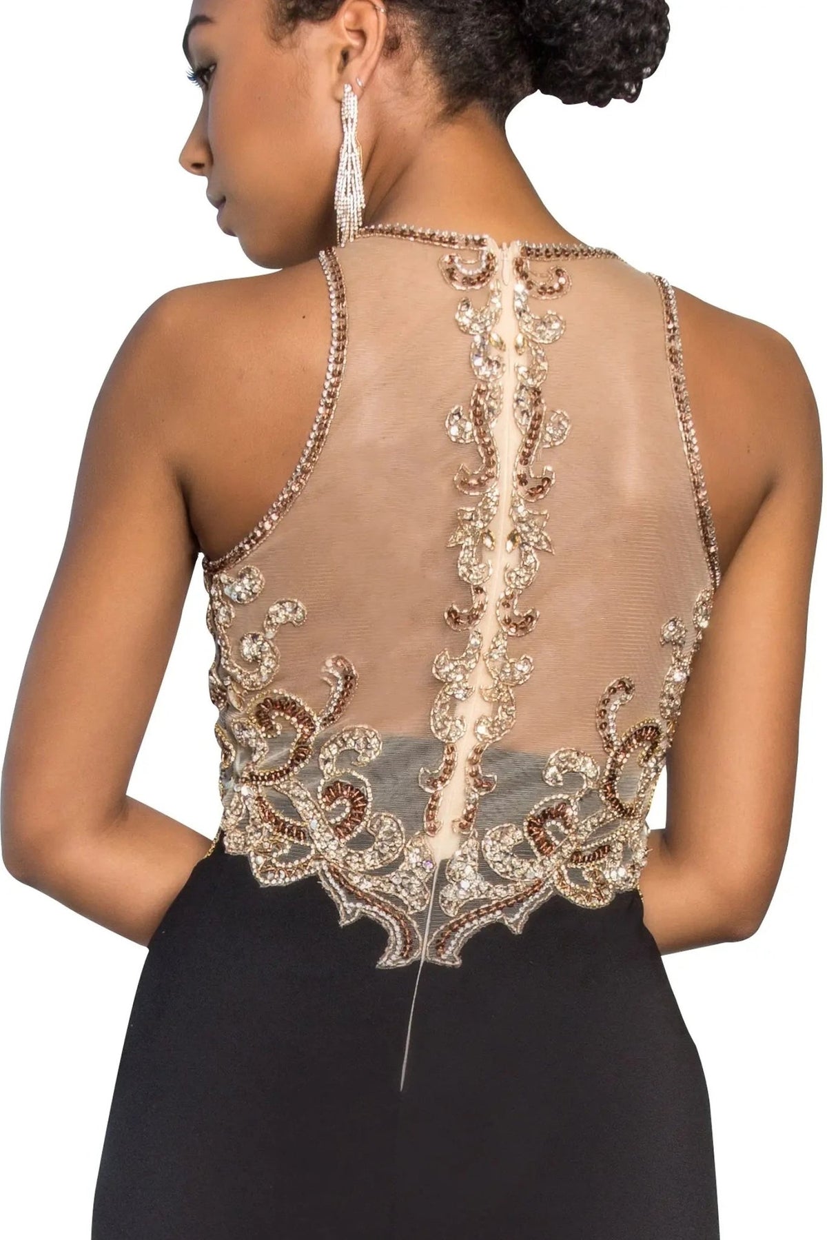 Black beading embellished embroidery formal dress back bodice detail