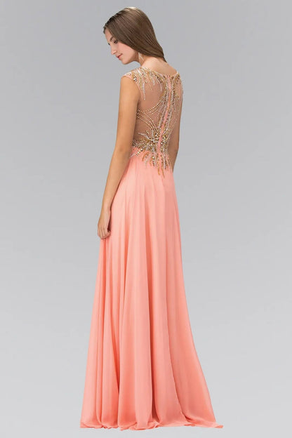 Rear view reveals coral beading formal dress.
