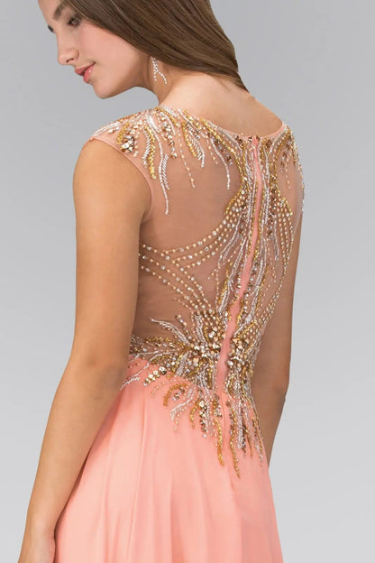 Back detail shows coral beading formal dress back bodice detail.