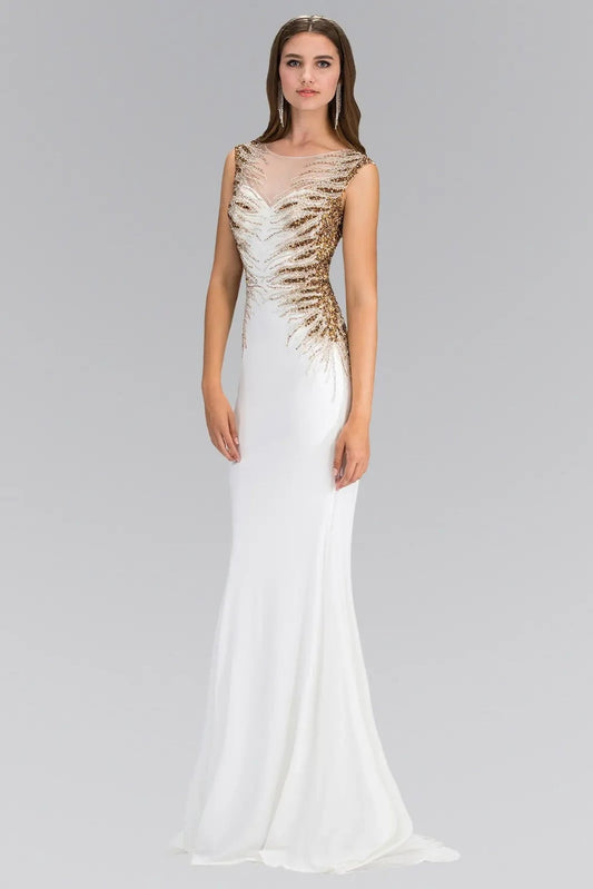 Full-length view highlights ivory/Gold beading formal dress.