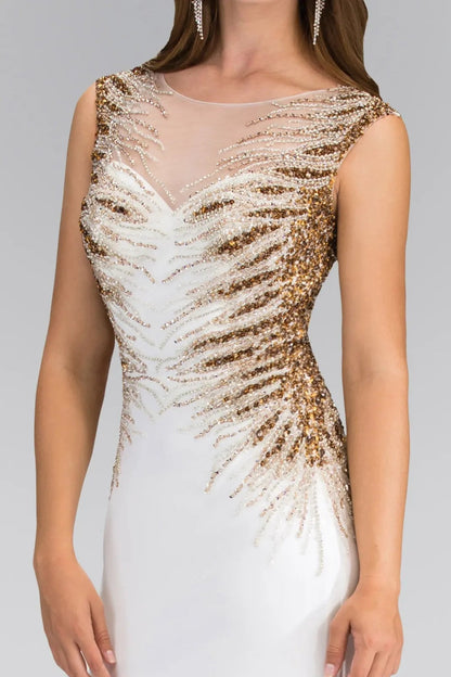 Back detail shows ivory/Gold beading formal dress back bodice detail.
