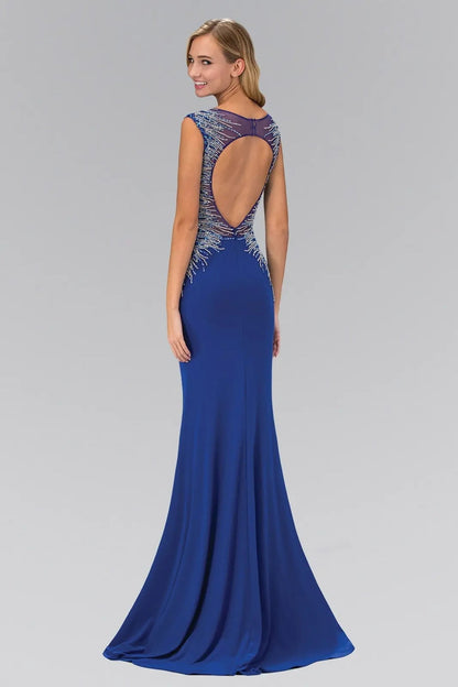 Full-length view highlights royal Blue beading formal dress.