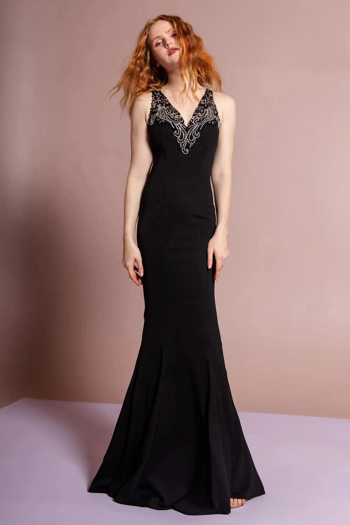 Black beaded prom evening dress full front