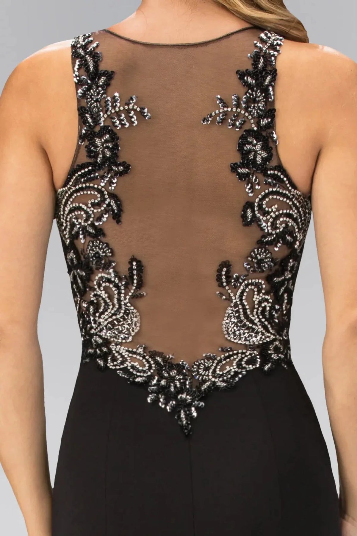 Black prom evening dress trumpet skirt detail