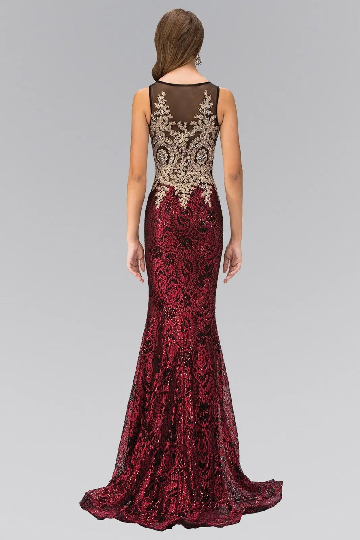 Red embellished sequins embroidery formal dress full back view