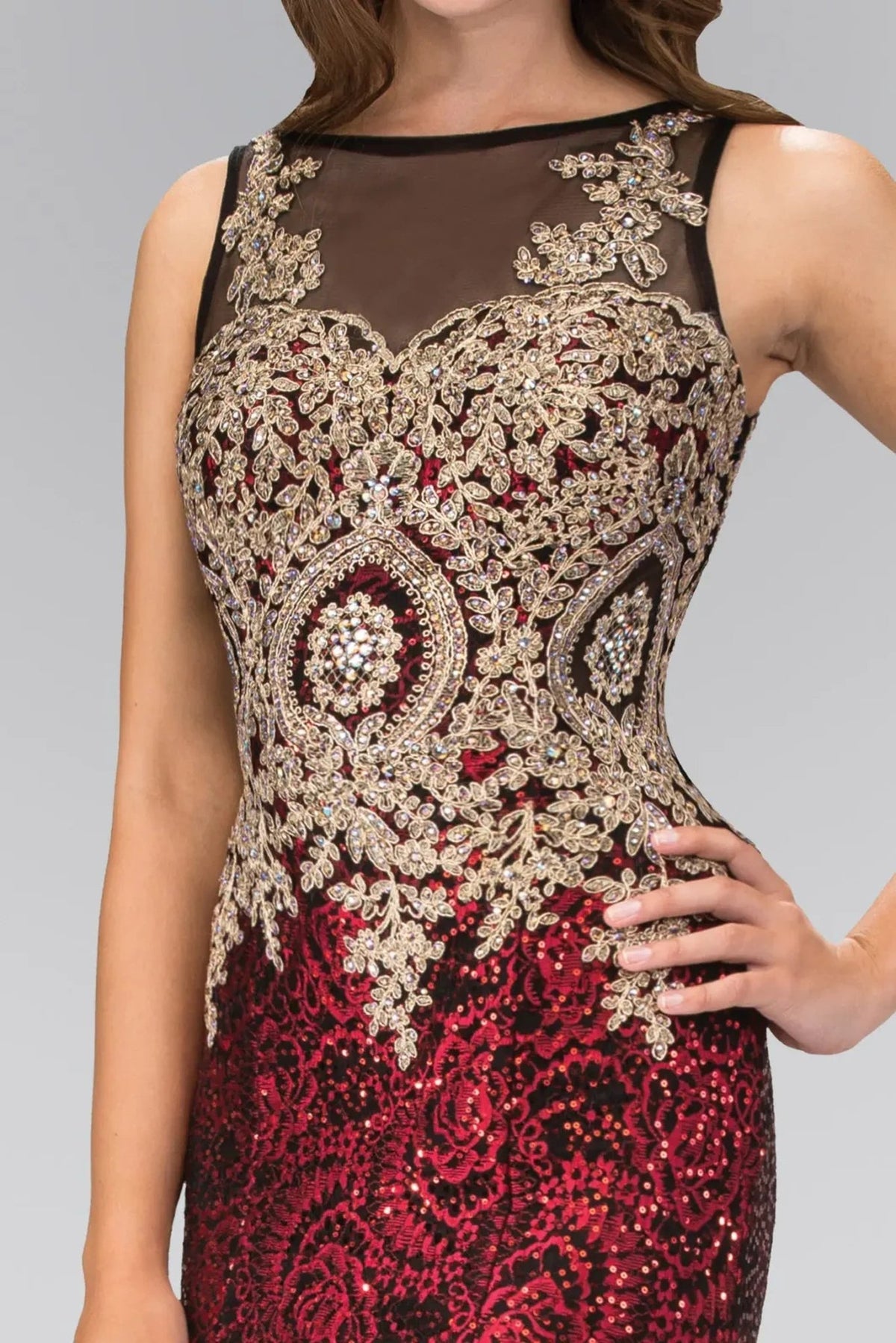 Red embellished sequins embroidery formal dress back bodice detail
