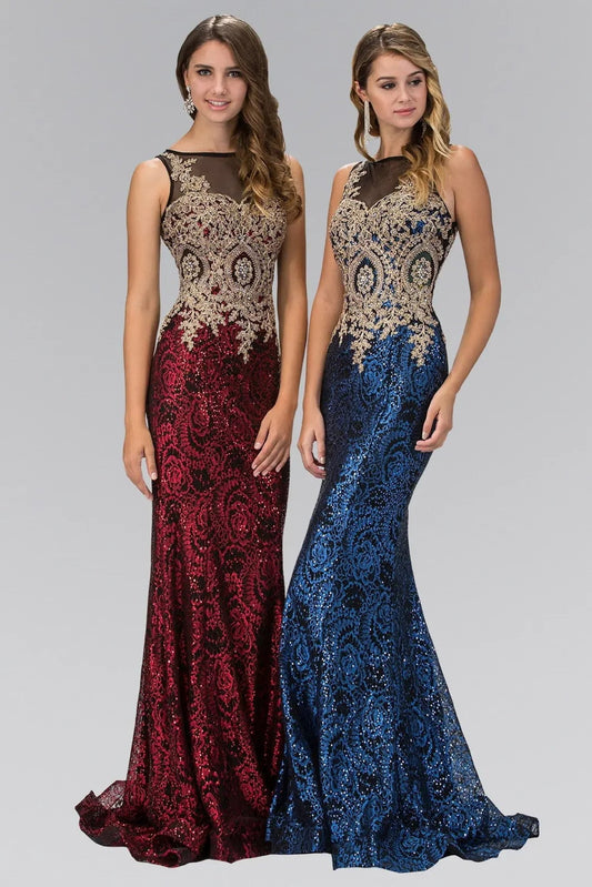 Side profile shows royal Blue embellished sequins embroidery formal dress side detail.