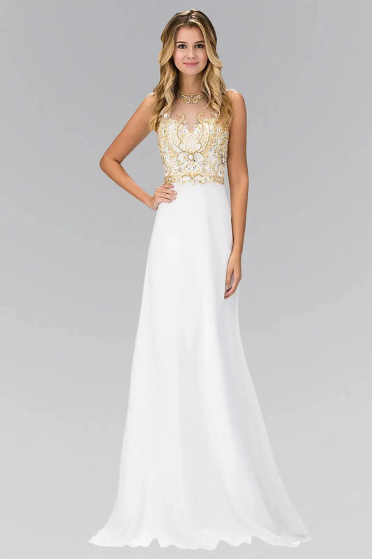 Full-length front view shows beaded styling on the Ivory prom evening dress.