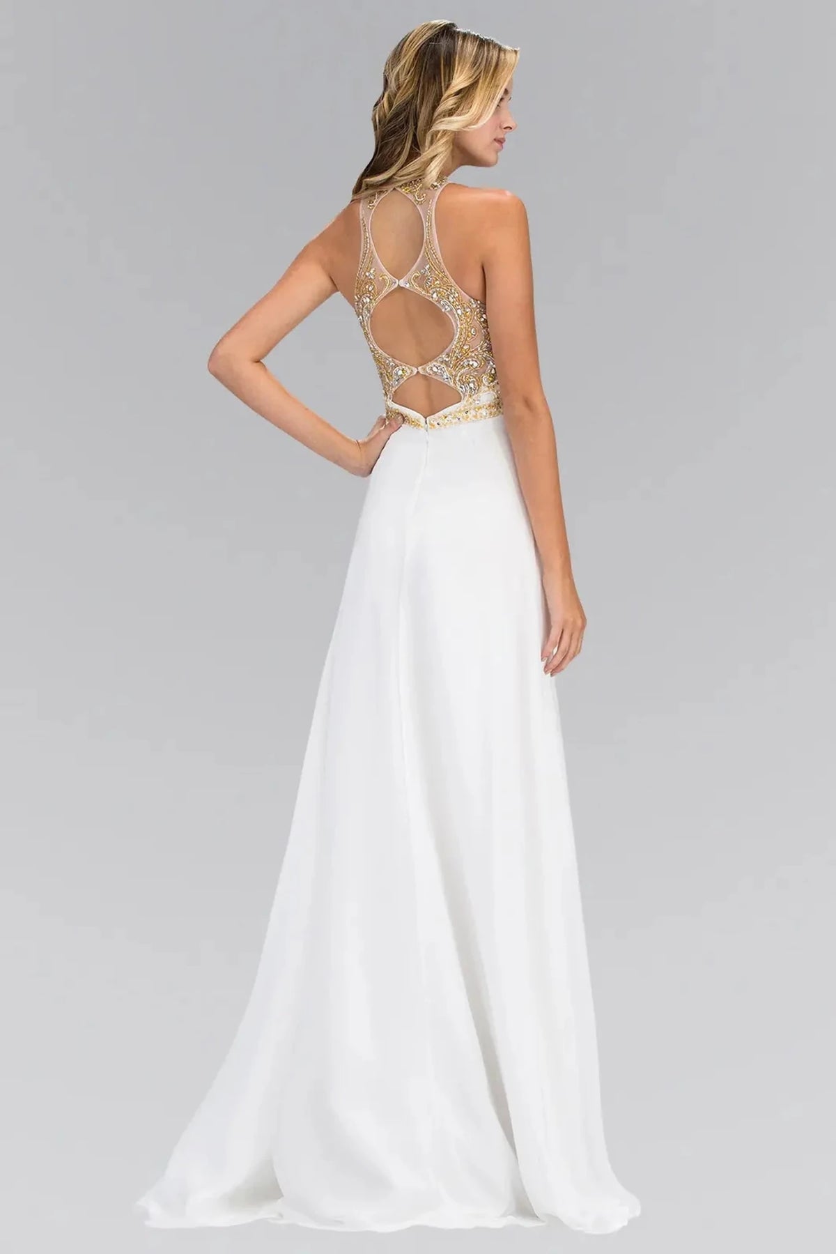 Ivory illusion sweetheart prom evening dress upper front with beads