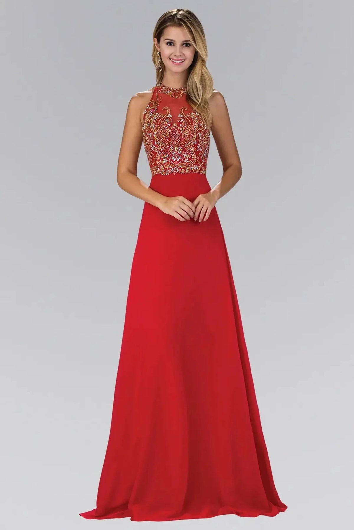 Red beaded prom evening dress full front