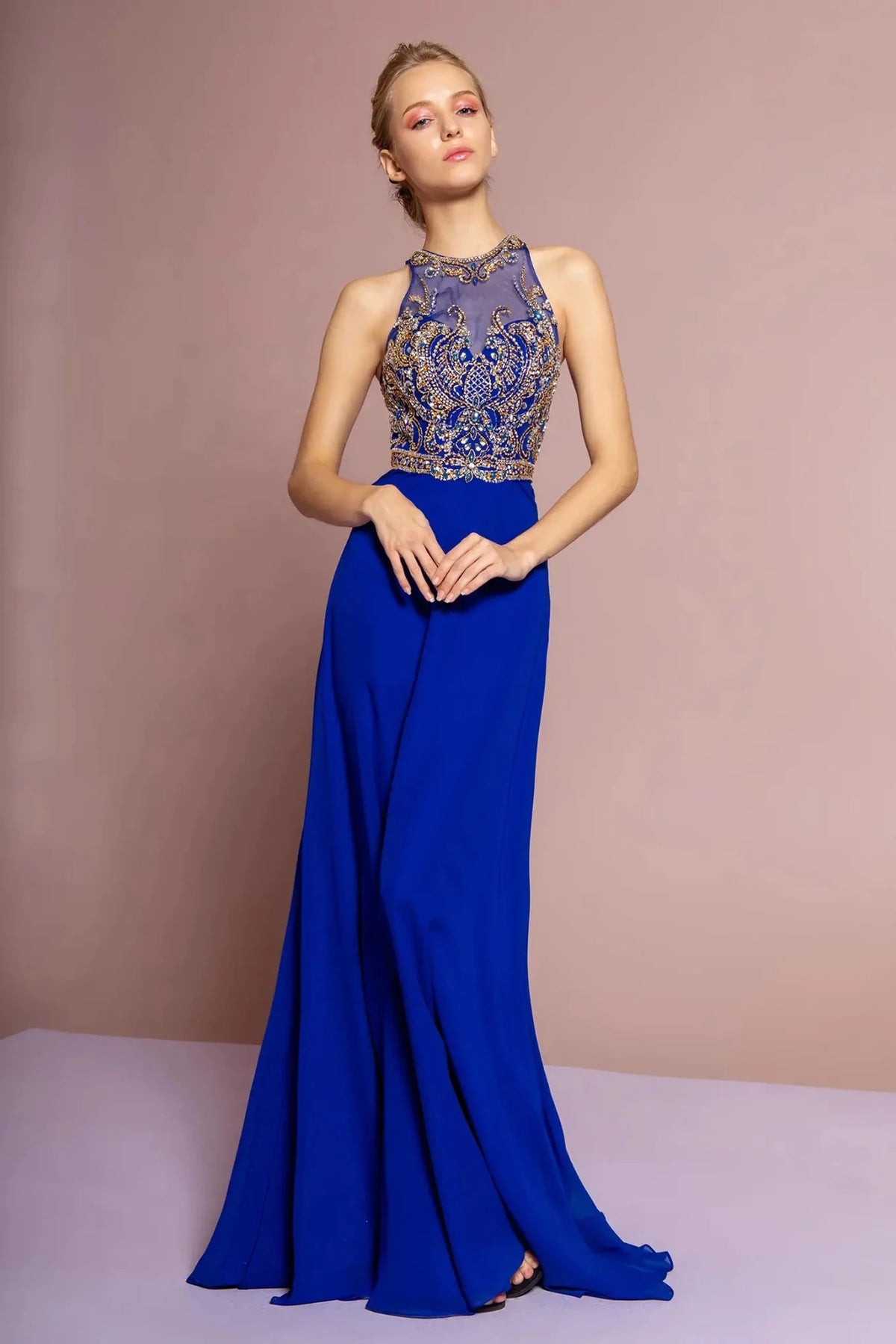 Royal Blue beaded prom evening dress full front