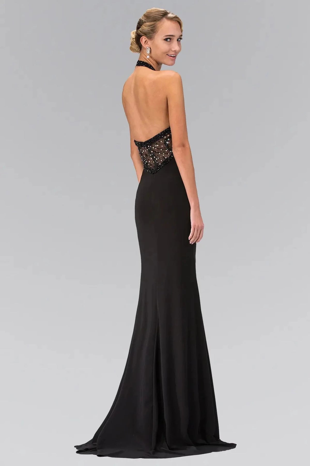 Black beaded halter prom evening dress full front