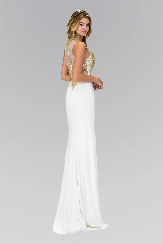 Skirt detail shows ivory/Gold embellished embroidery formal dress skirt detail.