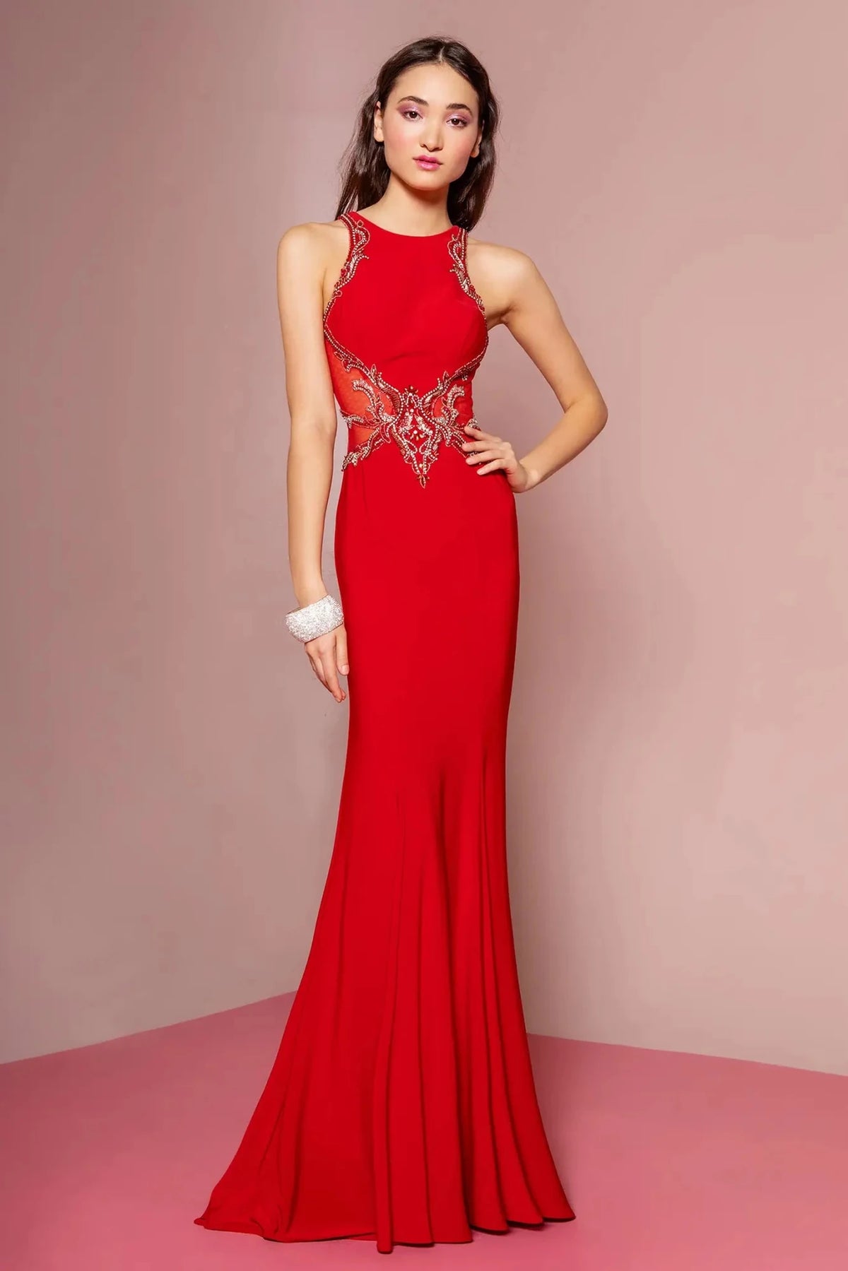 Red beaded prom evening dress full front