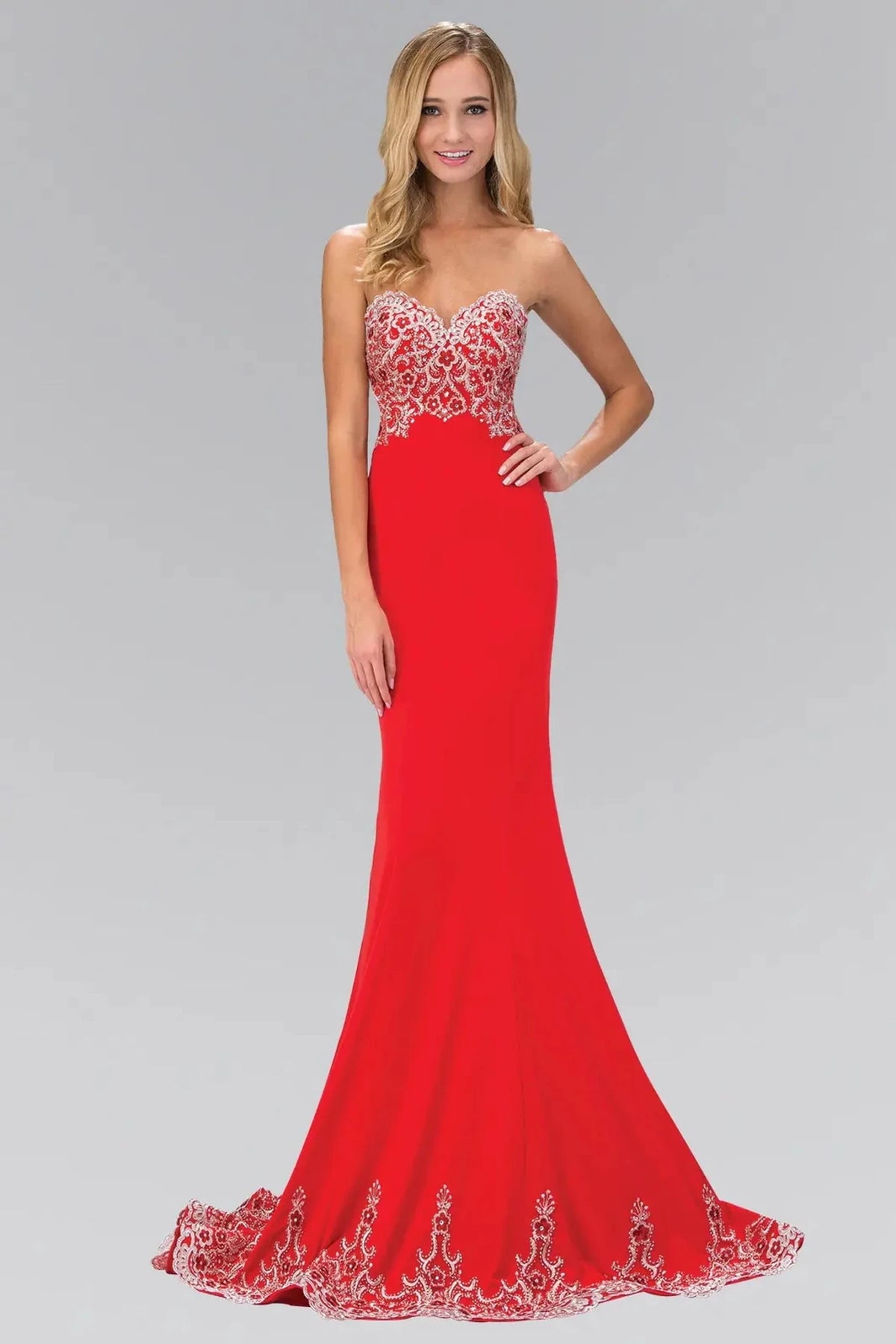 Red embroidered strapless prom evening dress full front