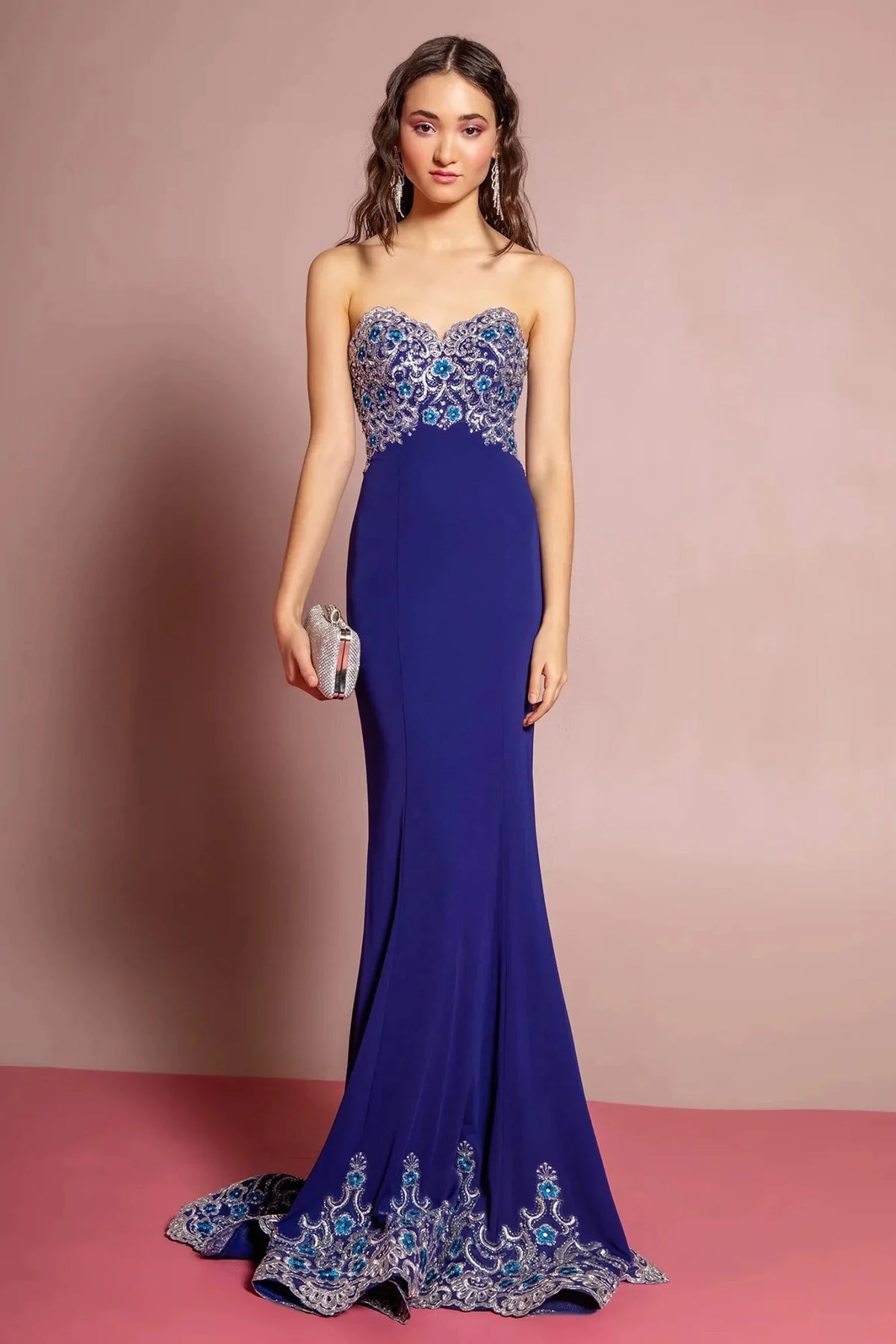 Royal Blue embroidered strapless prom evening dress full front