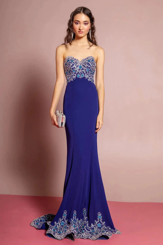 Full-length front view shows embroidered strapless styling on the Royal Blue prom evening dress.