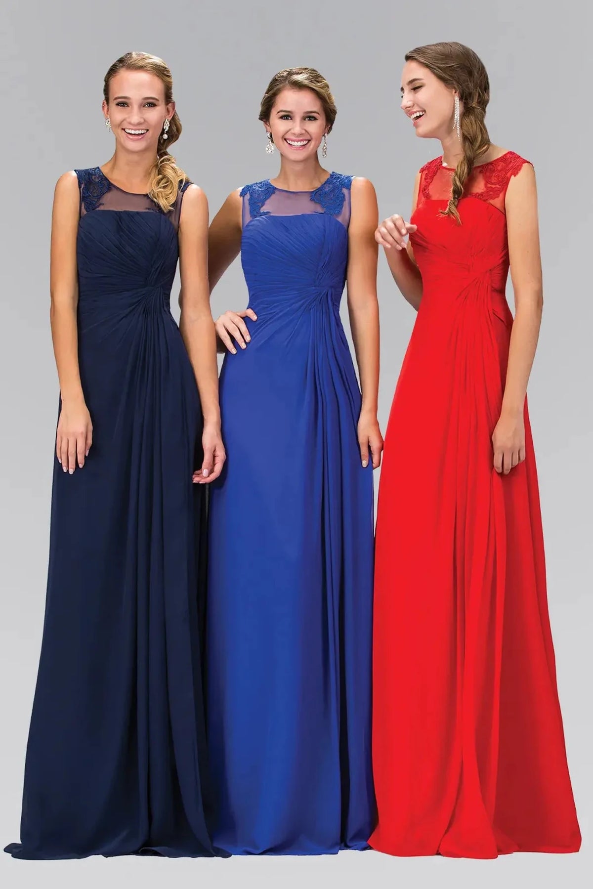 Full-length front view shows sheer styling on the Royal Blue prom evening dress.