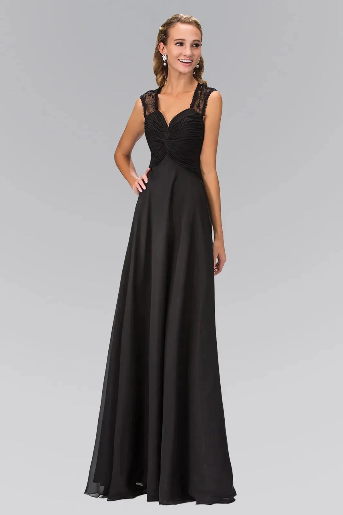 Full-length front view shows lace styling on the Black prom evening dress.