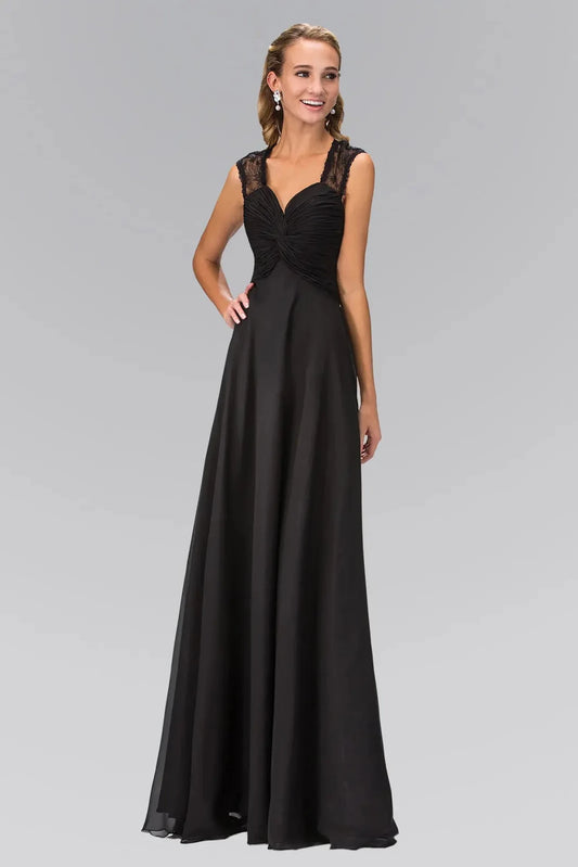 Full-length front view shows lace styling on the Black prom evening dress.