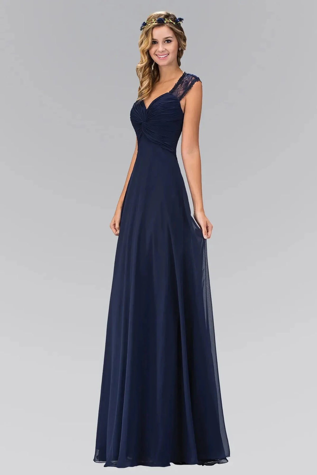 Navy lace prom evening dress full front