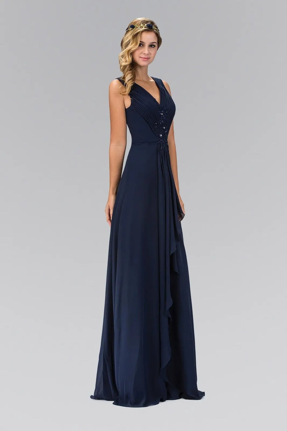 Navy beading embroidery floral formal dress front bodice view