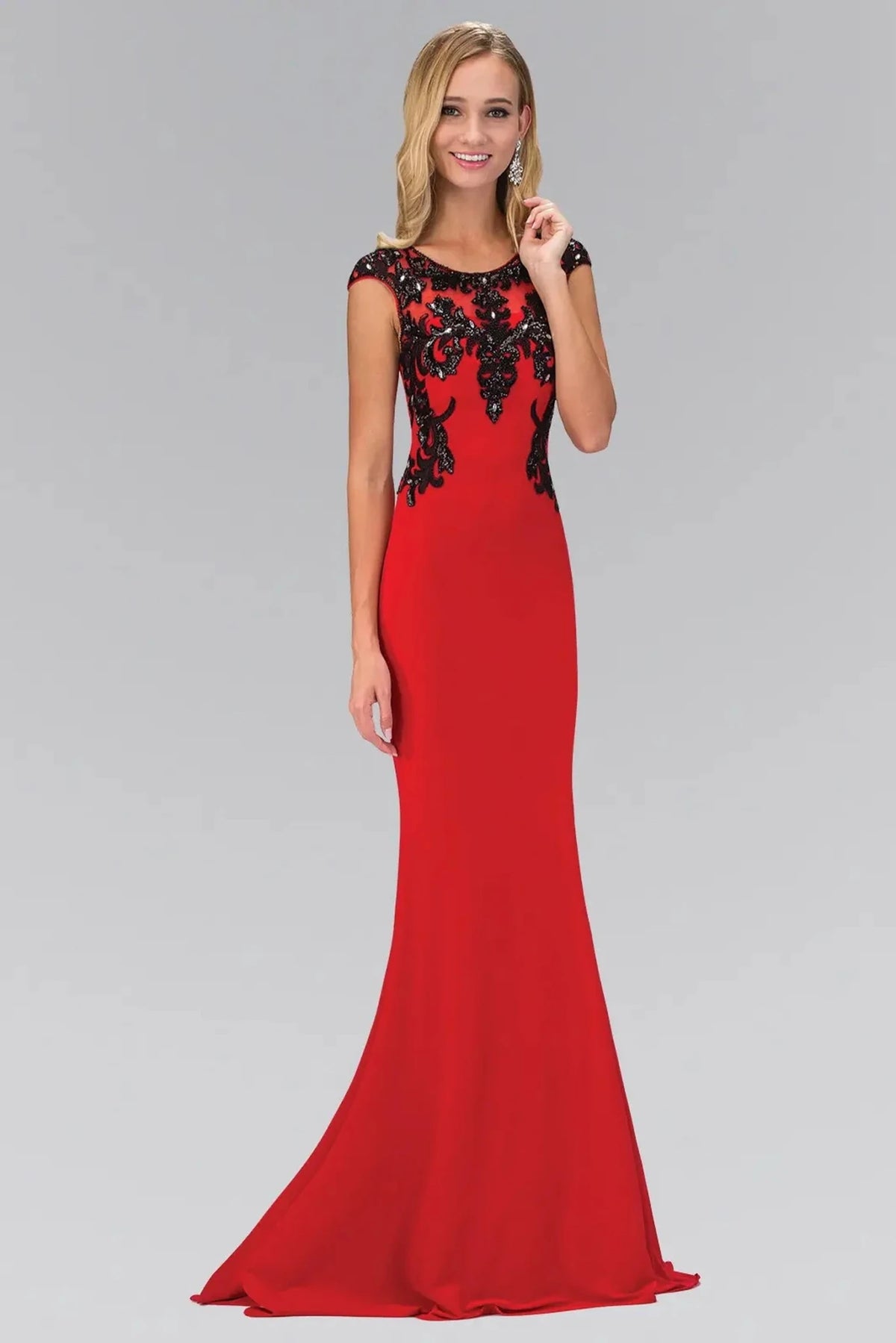 Red beaded prom evening dress full front