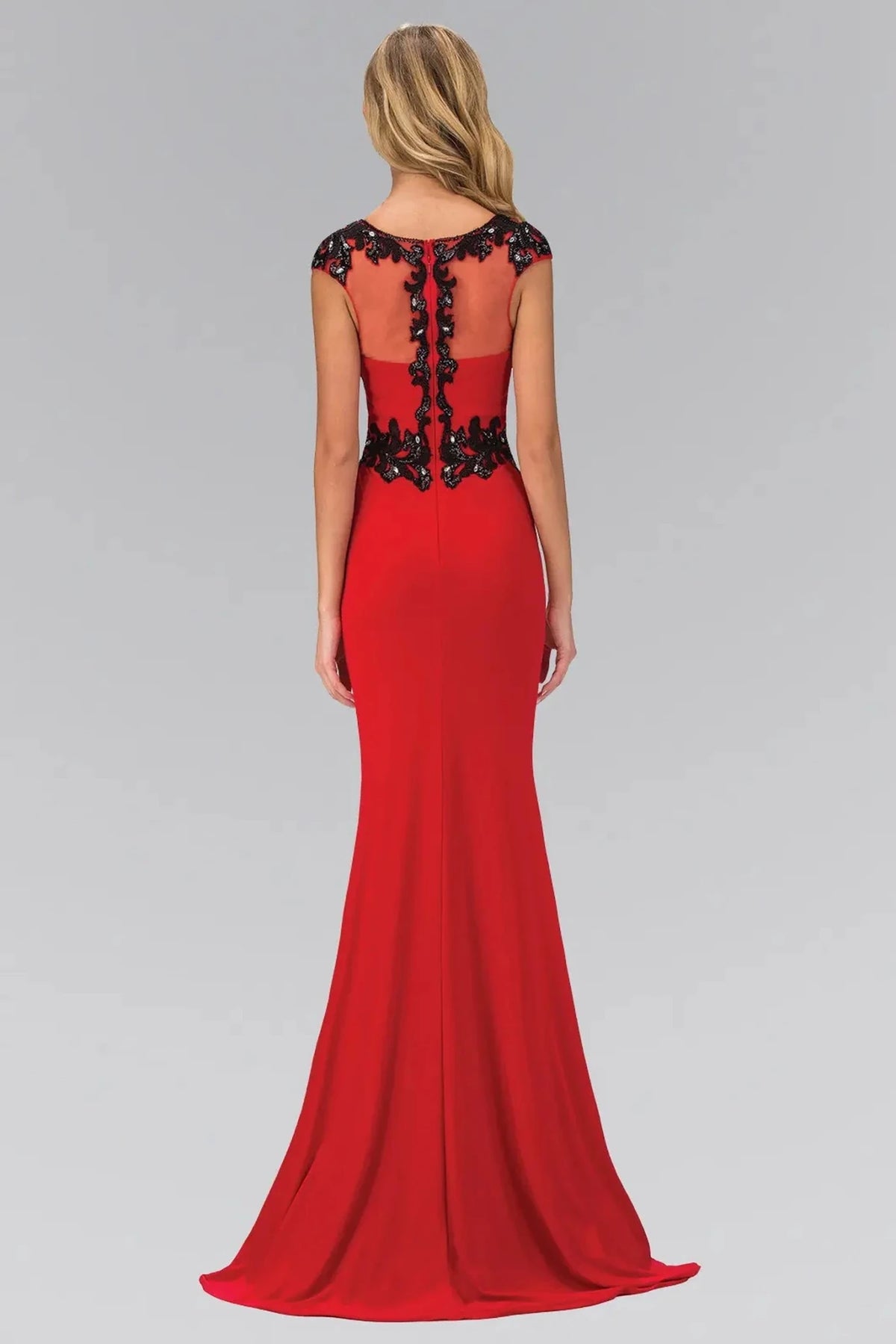 Red prom evening dress full back with sheer back