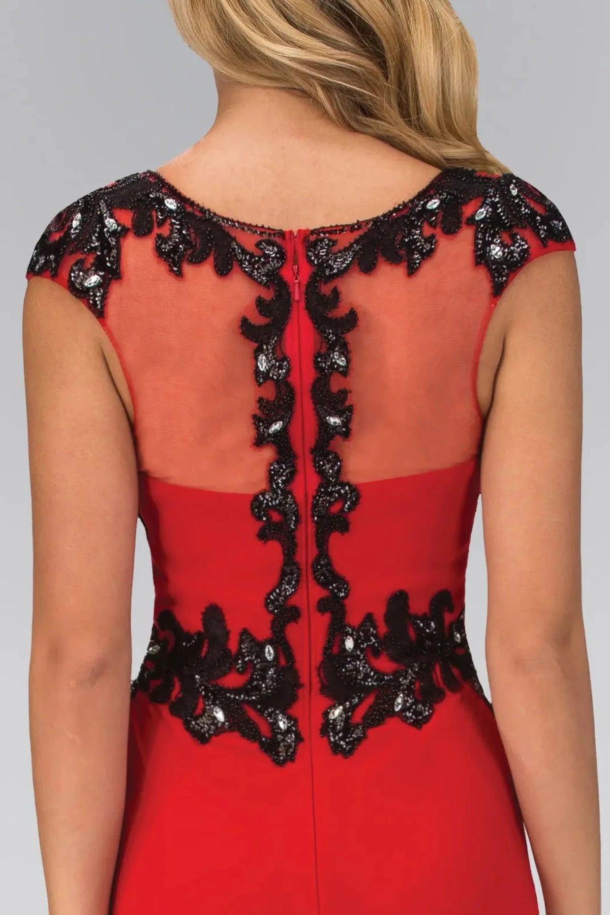 Red prom evening dress trumpet skirt detail