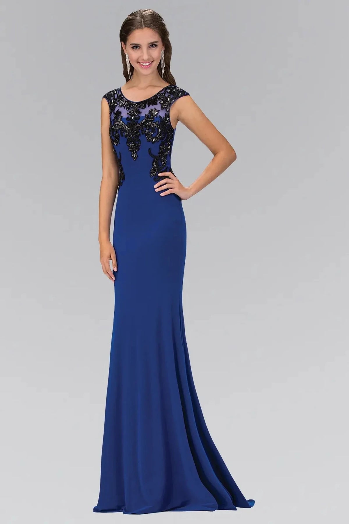 Royal Blue beaded prom evening dress full front