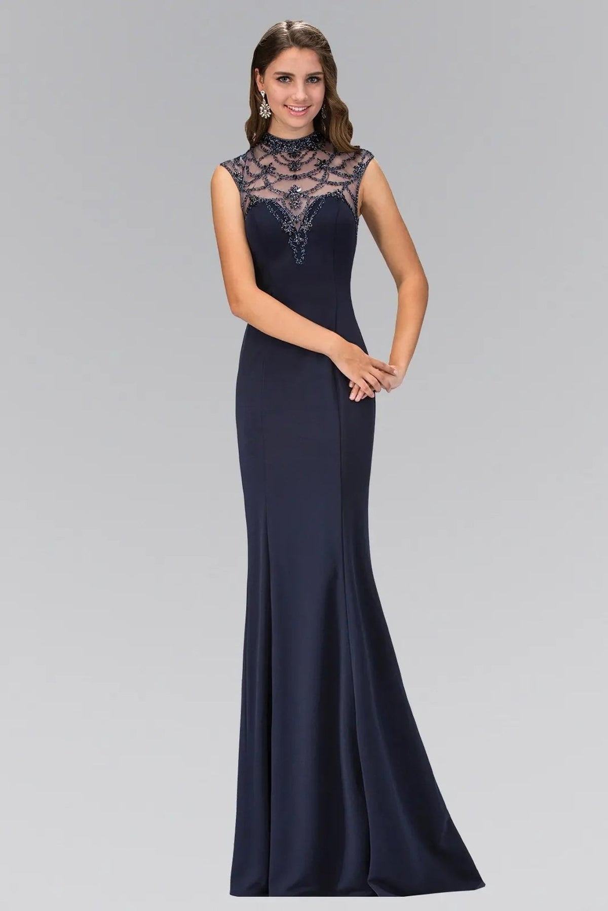 Navy beading formal dress full front view