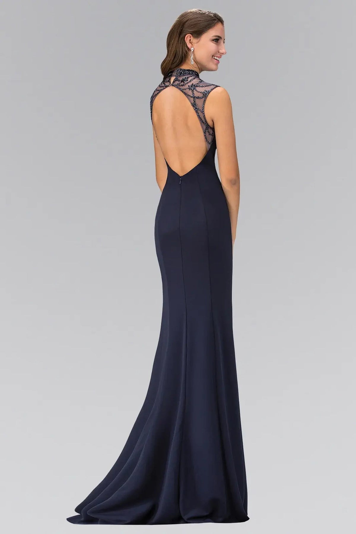 Navy beading formal dress detail