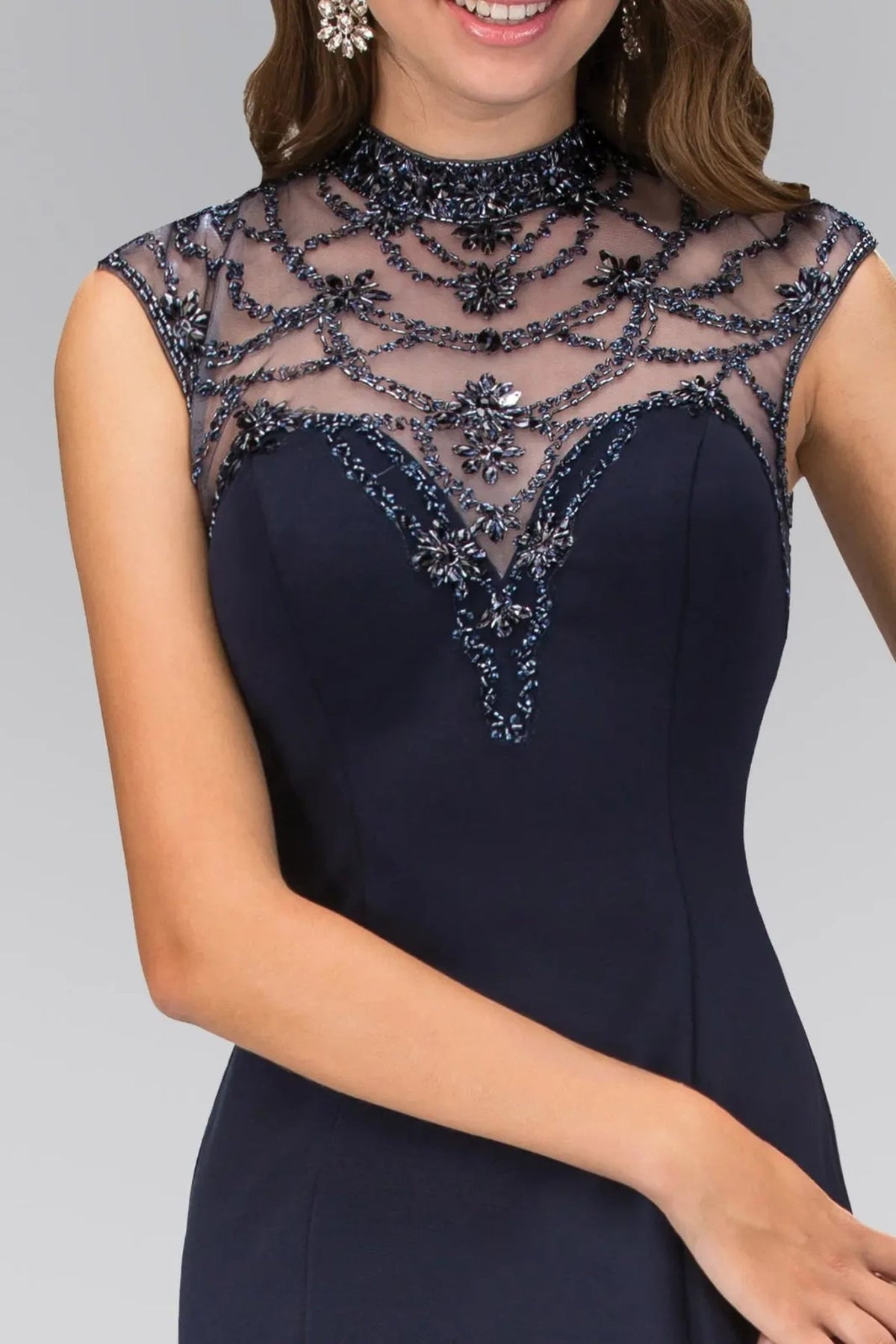 Navy beading formal dress detail