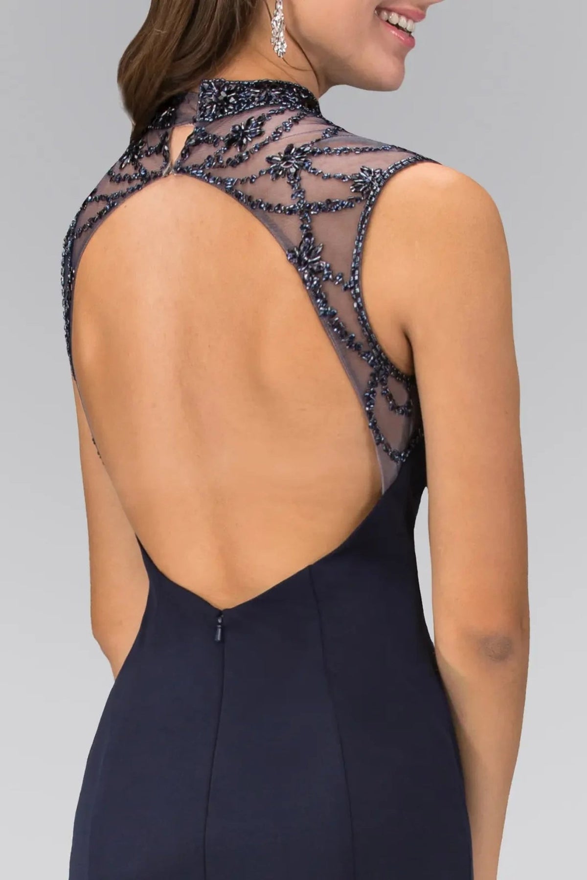 Navy beading formal dress side detail