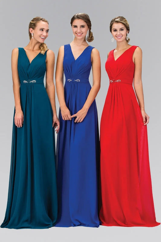 Rear view reveals royal Blue embellished formal dress.
