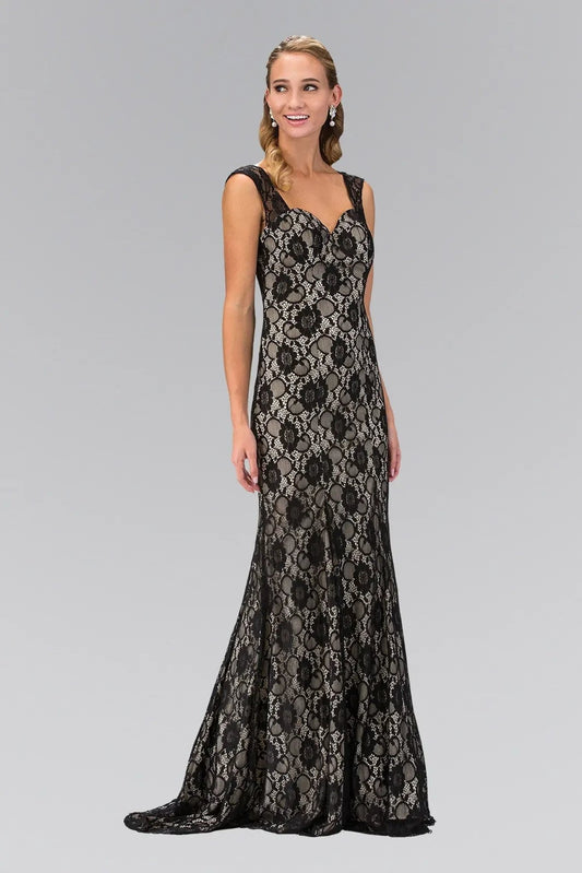 Skirt detail shows black/Nude lace formal dress skirt detail.